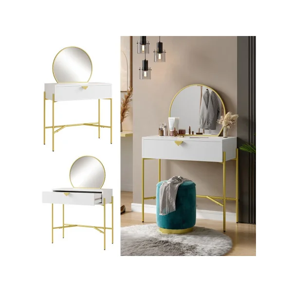 Coiffeuse Blanche Structure Métal Or Coiffeuse Moderne avec Miroir Table Maquillage Coiffeuse Femme Chambre