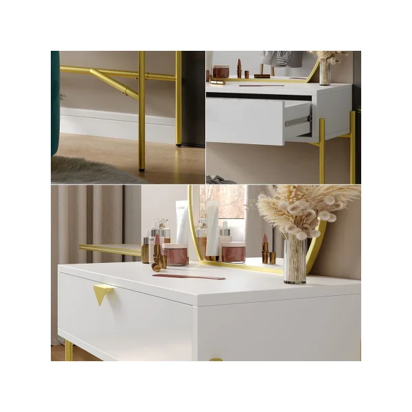 Coiffeuse Blanche Structure Métal Or Coiffeuse Moderne avec Miroir Table Maquillage Coiffeuse Femme Chambre