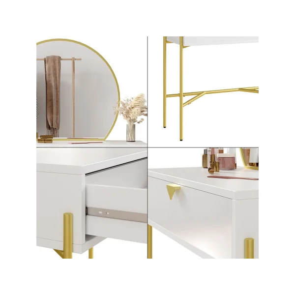 Coiffeuse Blanche Structure Métal Or Coiffeuse Moderne avec Miroir Table Maquillage Coiffeuse Femme Chambre
