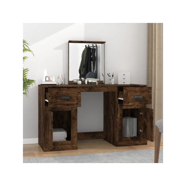 Coiffeuse Chêne Fumé 2 Tiroirs avec Miroir Coiffeuse Contemporaine Table Maquillage Bois Brun