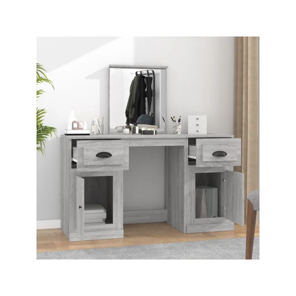Coiffeuse Chêne Gris 2 Tiroirs avec Miroir Coiffeuse Contemporaine Table Maquillage Grise