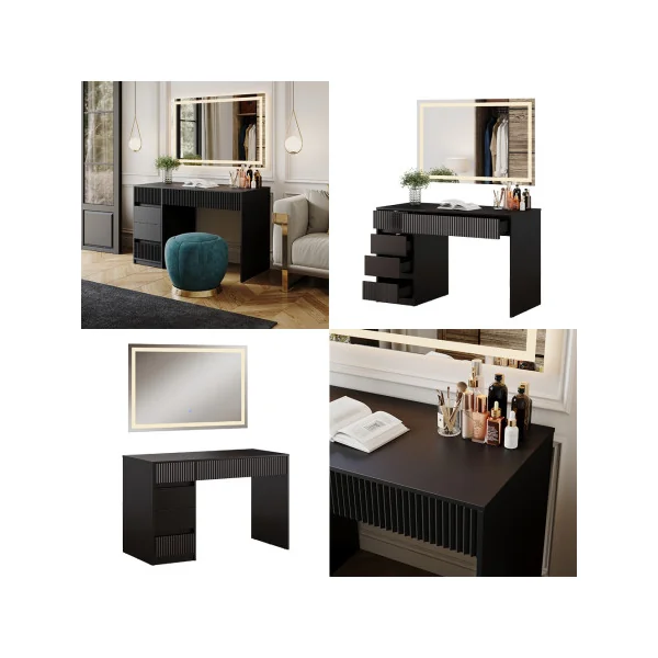 Coiffeuse Design Noir Graphique 5 Tiroirs avec Miroir LED Table Maquillage Moderne Noir 120 cm