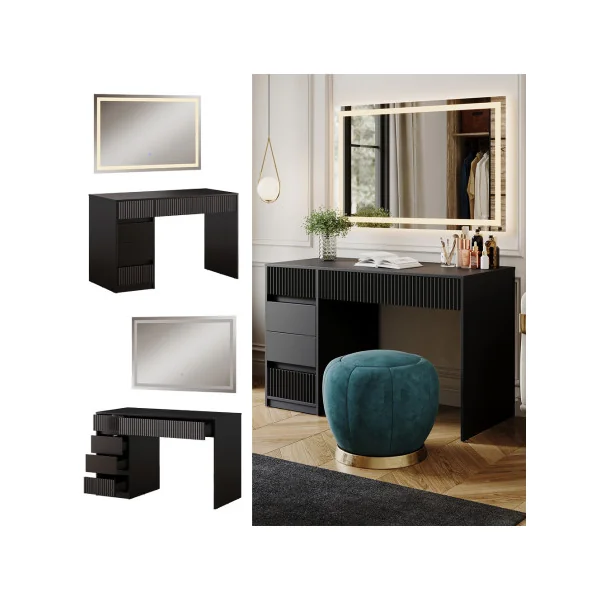 Coiffeuse Design Noir Graphique 5 Tiroirs avec Miroir LED Table Maquillage Moderne Noir 120 cm