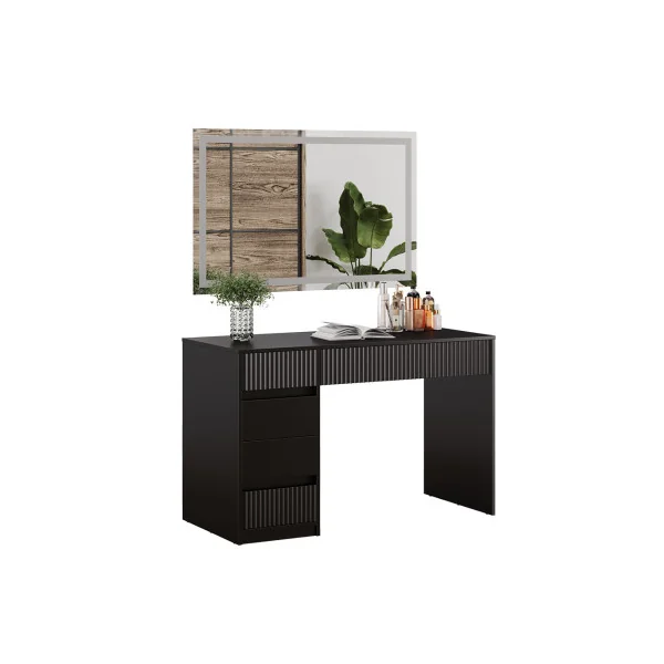 Coiffeuse Design Noir Graphique 5 Tiroirs avec Miroir LED Table Maquillage Moderne Noir 120 cm