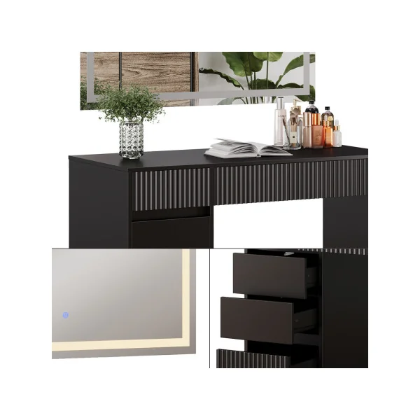 Coiffeuse Design Noir Graphique 5 Tiroirs avec Miroir LED Table Maquillage Moderne Noir 120 cm