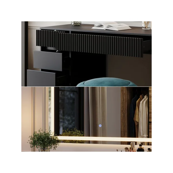 Coiffeuse Design Noir Graphique 5 Tiroirs avec Miroir LED Table Maquillage Moderne Noir 120 cm