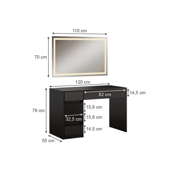 Coiffeuse Design Noir Graphique 5 Tiroirs avec Miroir LED Table Maquillage Moderne Noir 120 cm