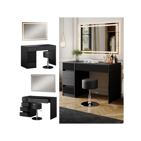 Coiffeuse Design Noir Graphique 5 Tiroirs avec Miroir LED + Tabouret Table Maquillage Moderne Noir 120 cm