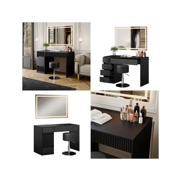 Coiffeuse Design Noir Graphique 5 Tiroirs avec Miroir LED + Tabouret Table Maquillage Moderne Noir 120 cm