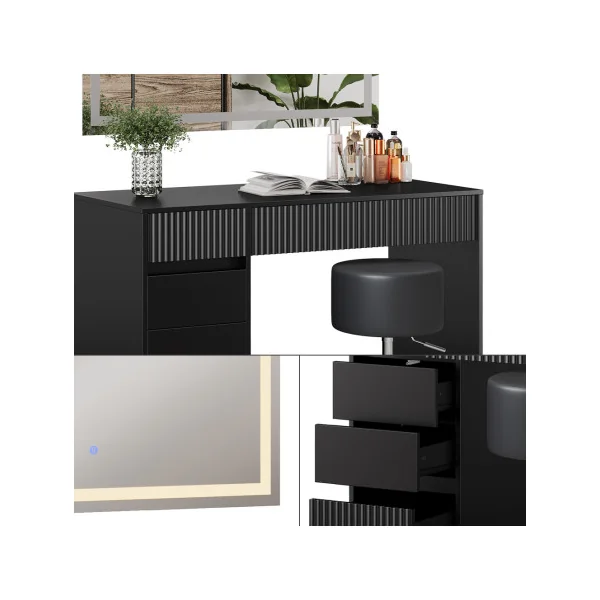 Coiffeuse Design Noir Graphique 5 Tiroirs avec Miroir LED + Tabouret Table Maquillage Moderne Noir 120 cm