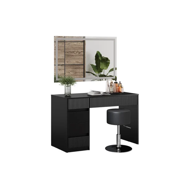Coiffeuse Design Noir Graphique 5 Tiroirs avec Miroir LED + Tabouret Table Maquillage Moderne Noir 120 cm