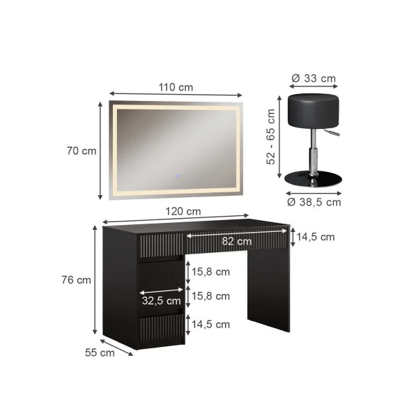 Coiffeuse Design Noir Graphique 5 Tiroirs avec Miroir LED + Tabouret Table Maquillage Moderne Noir 120 cm