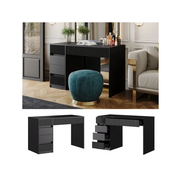 Coiffeuse Design Noir Graphique 5 Tiroirs Table Maquillage Moderne Noir 120 cm