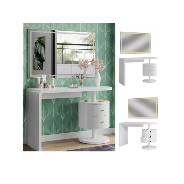Coiffeuse Epurée Blanc Brillant 2 Tiroirs + Miroir LED Table Manucure Coiffeuse Femme Moderne