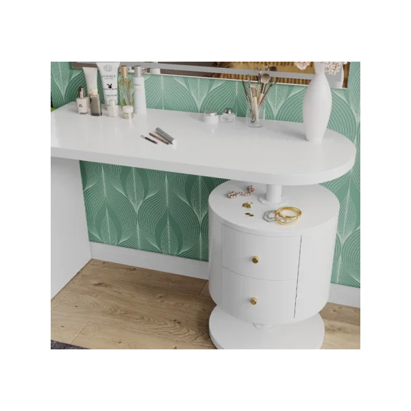 Coiffeuse Epurée Blanc Brillant 2 Tiroirs + Miroir LED Table Manucure Coiffeuse Femme Moderne