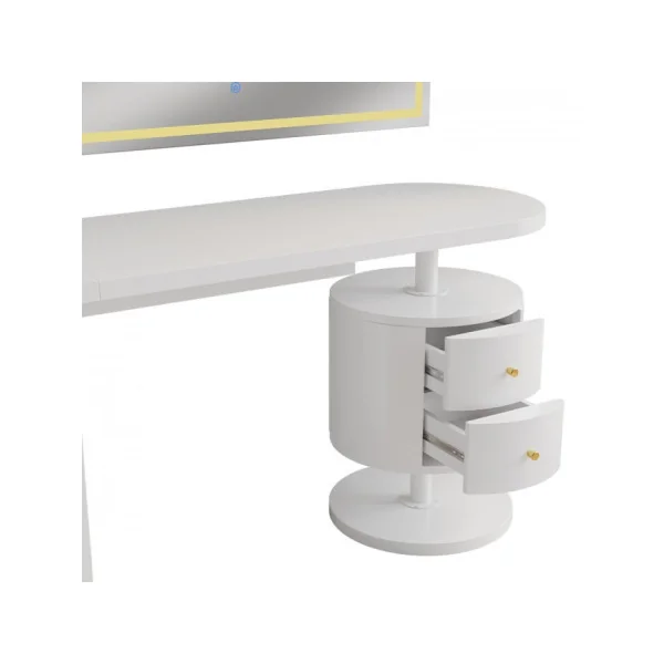 Coiffeuse Epurée Blanc Brillant 2 Tiroirs + Miroir LED Table Manucure Coiffeuse Femme Moderne