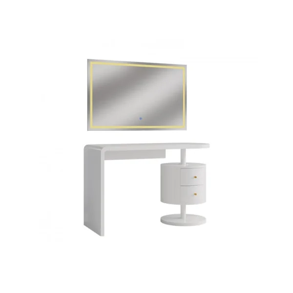 Coiffeuse Epurée Blanc Brillant 2 Tiroirs + Miroir LED Table Manucure Coiffeuse Femme Moderne