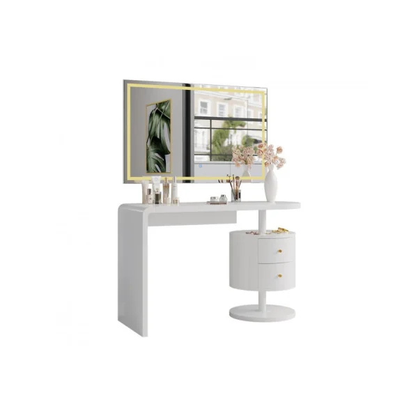Coiffeuse Epurée Blanc Brillant 2 Tiroirs + Miroir LED Table Manucure Coiffeuse Femme Moderne