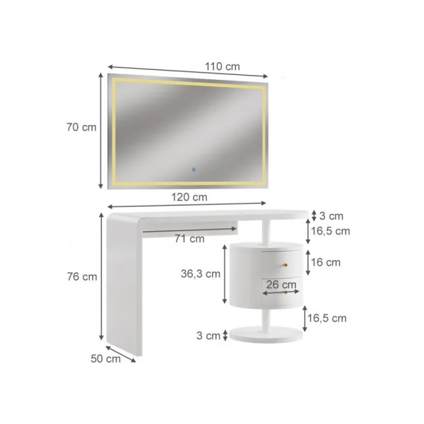 Coiffeuse Epurée Blanc Brillant 2 Tiroirs + Miroir LED Table Manucure Coiffeuse Femme Moderne