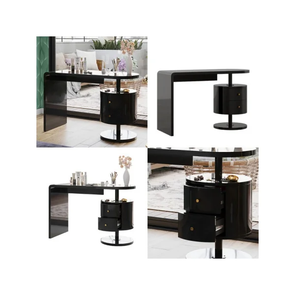 Coiffeuse Epurée Noir Brillant 2 Tiroirs Table Manucure Coiffeuse Femme Moderne