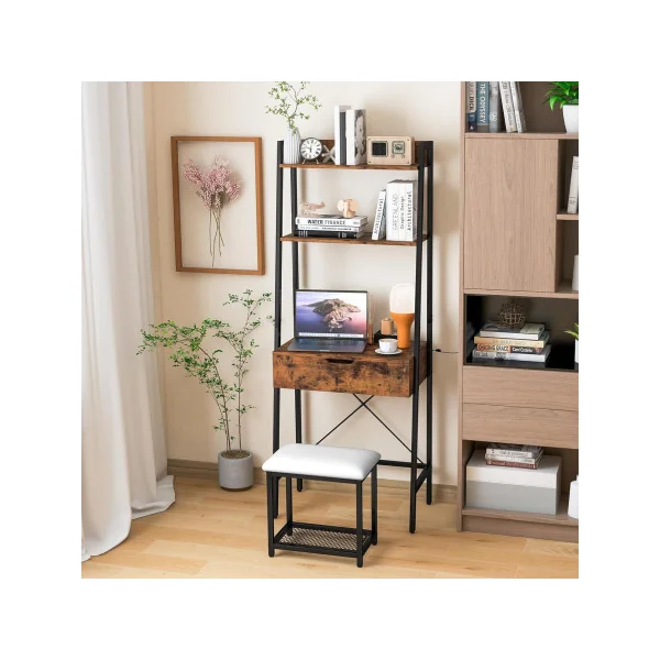 Coiffeuse Industrielle Brun avec Miroir Rabattable + Tabouret Coiffeuse Moderne Table Maquillage