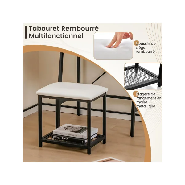 Coiffeuse Industrielle Brun avec Miroir Rabattable + Tabouret Coiffeuse Moderne Table Maquillage
