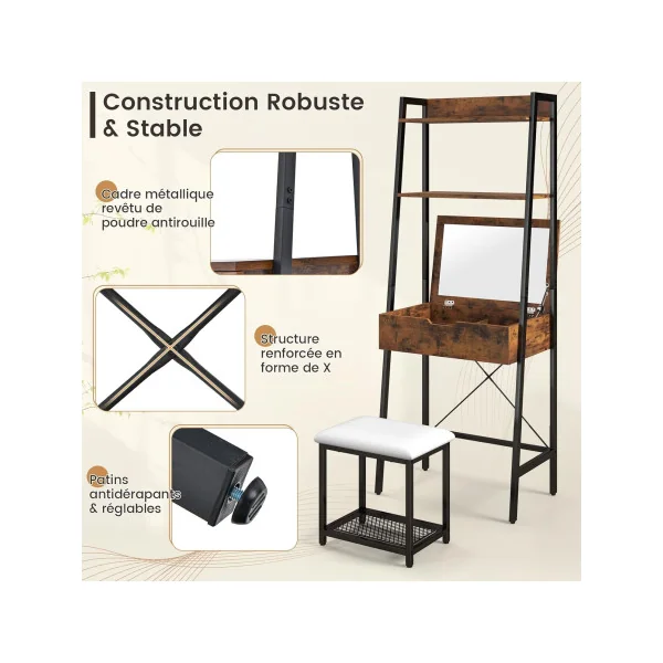Coiffeuse Industrielle Brun avec Miroir Rabattable + Tabouret Coiffeuse Moderne Table Maquillage