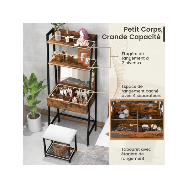 Coiffeuse Industrielle Brun avec Miroir Rabattable + Tabouret Coiffeuse Moderne Table Maquillage