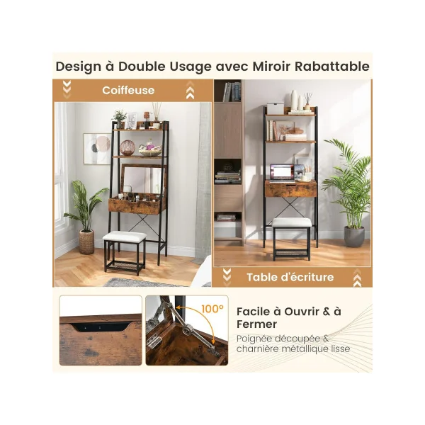 Coiffeuse Industrielle Brun avec Miroir Rabattable + Tabouret Coiffeuse Moderne Table Maquillage