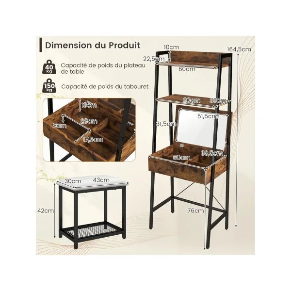 Coiffeuse Industrielle Brun avec Miroir Rabattable + Tabouret Coiffeuse Moderne Table Maquillage
