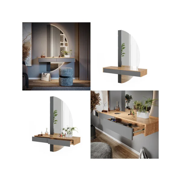 Coiffeuse Murale Grise et Chêne + Miroir Table Maquillage Moderne