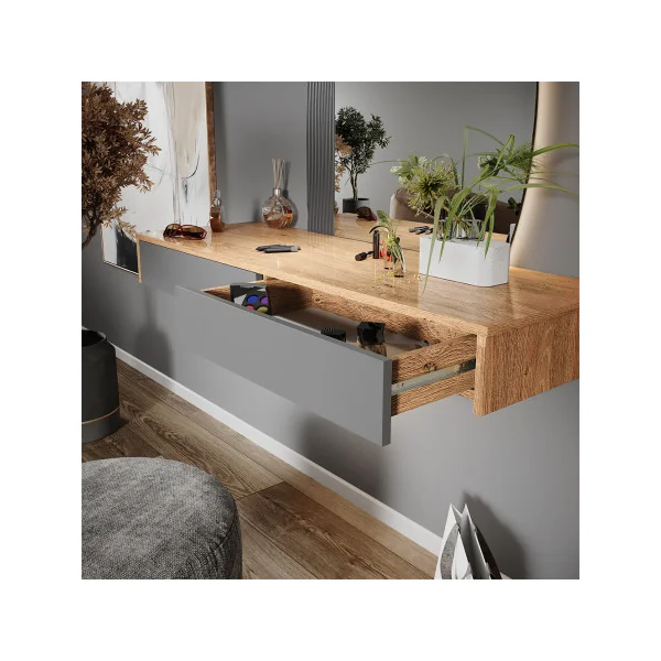 Coiffeuse Murale Grise et Chêne + Miroir Table Maquillage Moderne