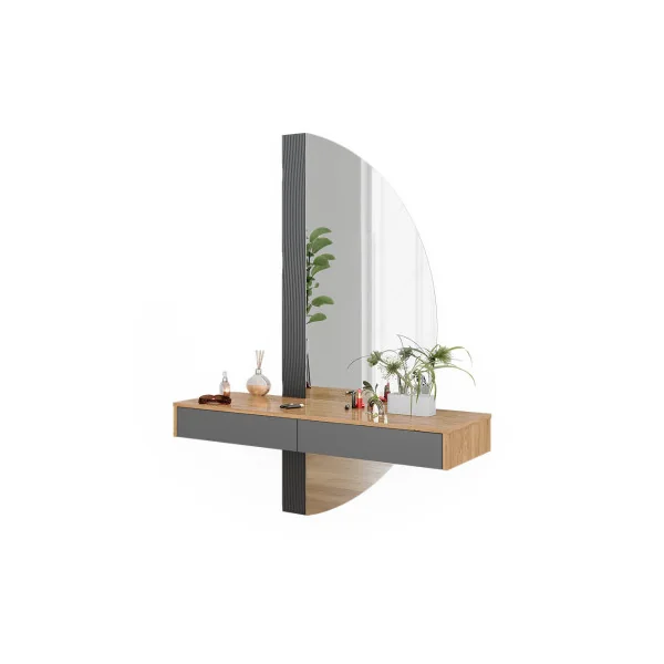 Coiffeuse Murale Grise et Chêne + Miroir Table Maquillage Moderne