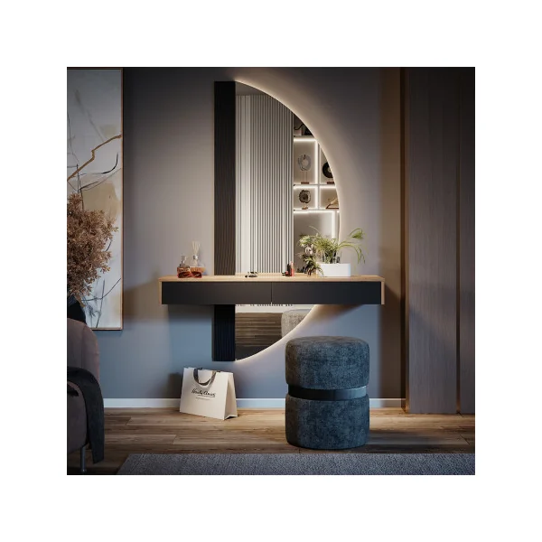 Coiffeuse Murale Noir et Chêne + Miroir Table Maquillage Moderne