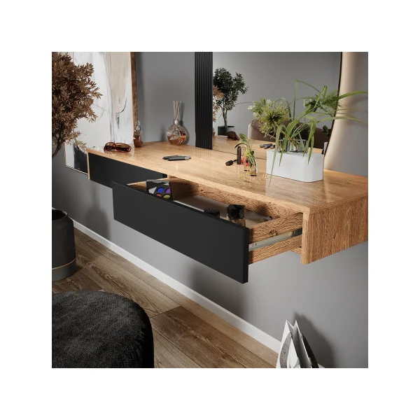 Coiffeuse Murale Noir et Chêne + Miroir Table Maquillage Moderne