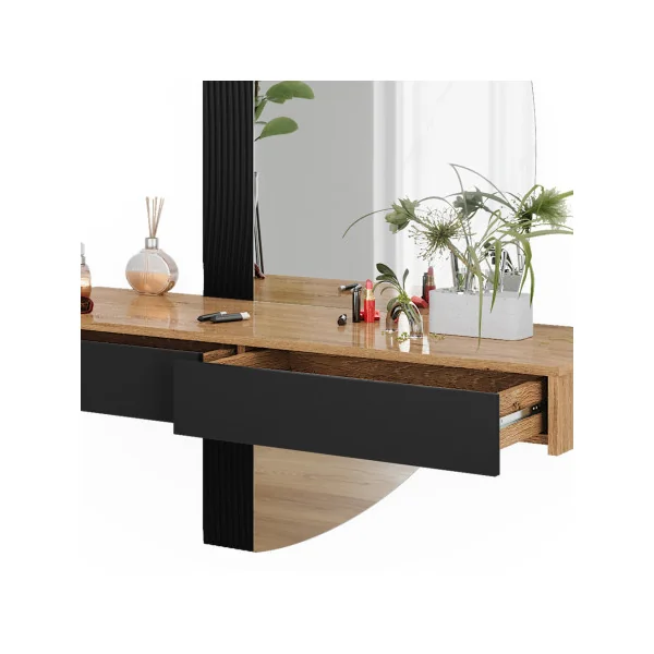 Coiffeuse Murale Noir et Chêne + Miroir Table Maquillage Moderne