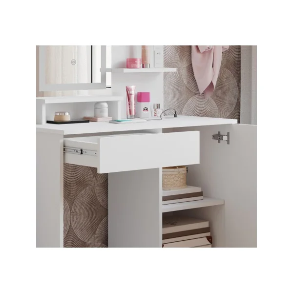 Coiffeuse Table Maquillage Blanc + Miroir LED + Station de Charge Coiffeuse Femme Chambre