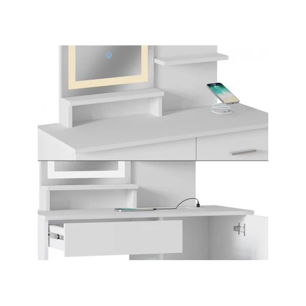 Coiffeuse Table Maquillage Blanc + Miroir LED + Tabouret + Station de Charge Coiffeuse Femme Chambre