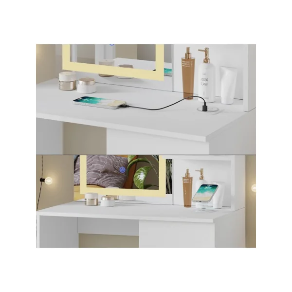 Coiffeuse Table Maquillage Blanche Miroir Led + Station de Charge Coiffeuse moderne Femme Coiffeuse Chambre