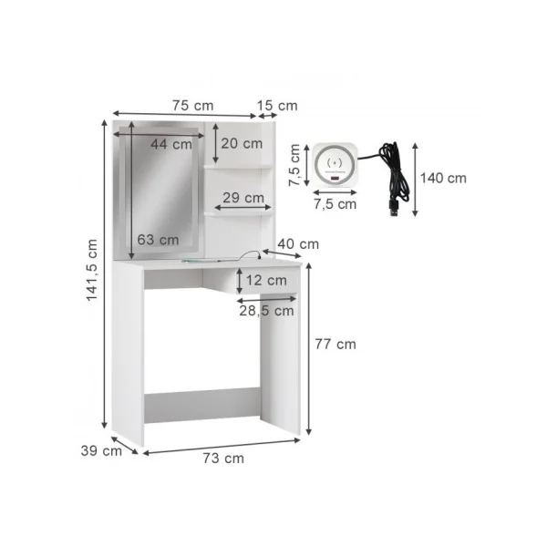 Coiffeuse Table Maquillage Blanche Miroir Led + Station de Charge Coiffeuse moderne Femme Coiffeuse Chambre