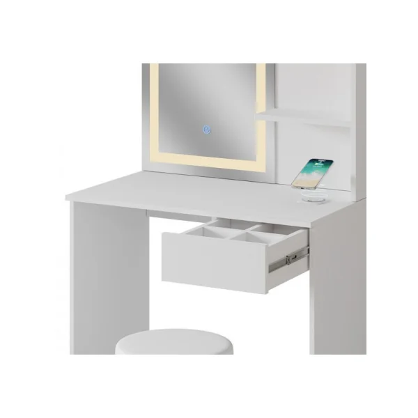 Coiffeuse Table Maquillage Blanche Miroir Led + Station de Charge + Tabouret Coiffeuse moderne Femme