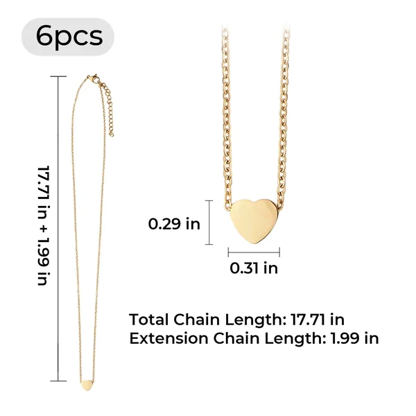 Collier en acier inoxydable doré en forme de cœur (6 pièces)
