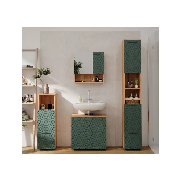 Colonne de Salle de Bain 2 Portes Chêne et Vert Armoire Haute Salle de Bain