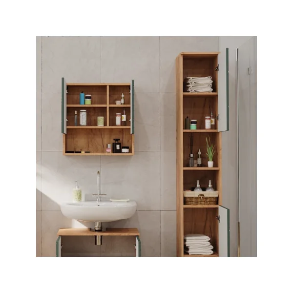 Colonne de Salle de Bain 2 Portes Chêne et Vert Armoire Haute Salle de Bain