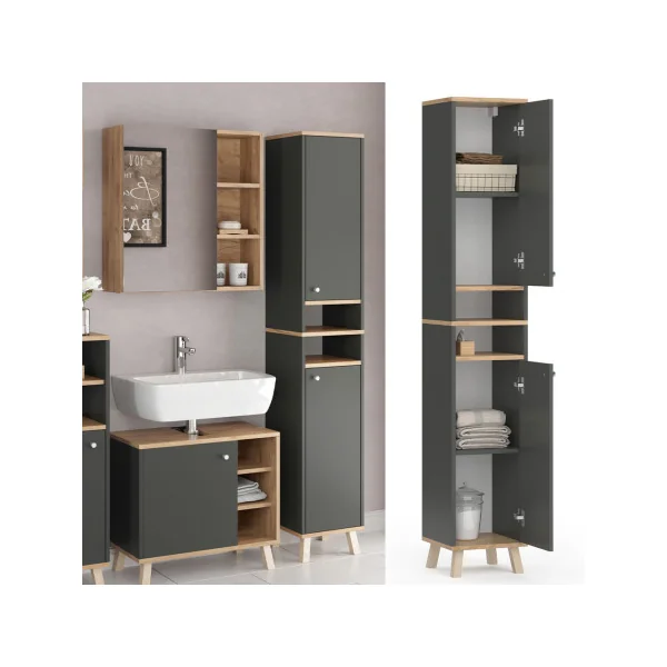 Colonne de Salle de Bain Anthracite et Chêne Armoire Haute de Salle de Bain Colonne