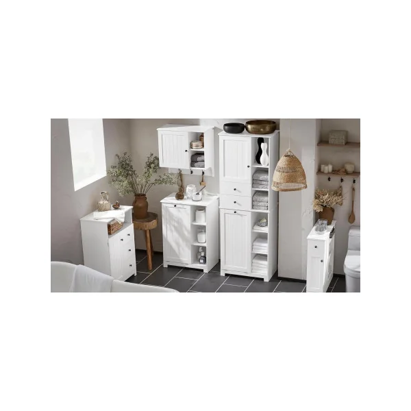 Colonne de Salle de Bain Blanche avec Placard Corbeille Linge 2 Tiroirs Meuble Rangement