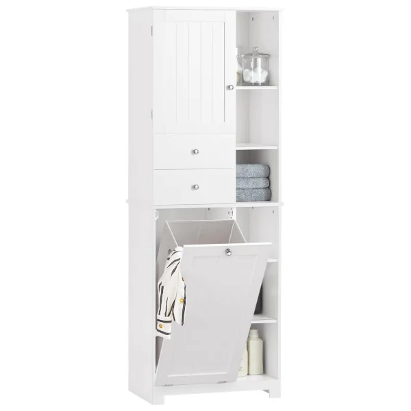 Colonne de Salle de Bain Blanche avec Placard Corbeille Linge 2 Tiroirs Meuble Rangement