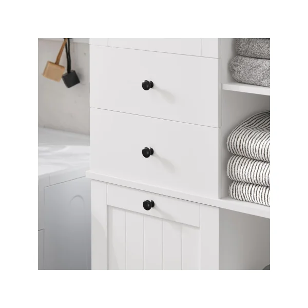 Colonne de Salle de Bain Blanche avec Placard Corbeille Linge 2 Tiroirs Meuble Rangement