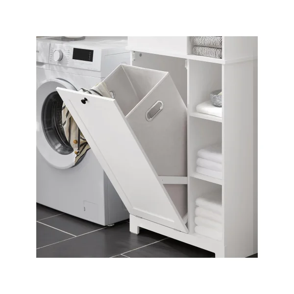 Colonne de Salle de Bain Blanche avec Placard Corbeille Linge 2 Tiroirs Meuble Rangement