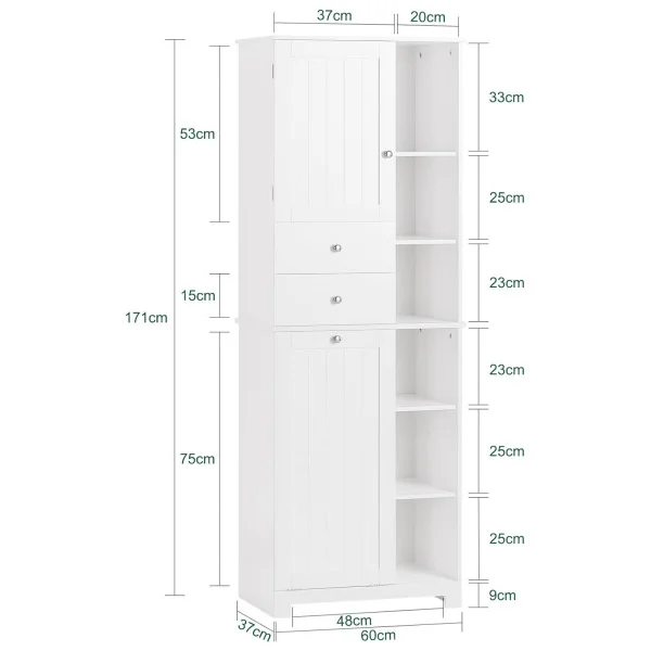 Colonne de Salle de Bain Blanche avec Placard Corbeille Linge 2 Tiroirs Meuble Rangement